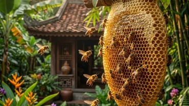 Hình ảnh đàn ong mật bay lượn quanh tổ trong không gian yên bình mang ý nghĩa cát tường cho giấc mơ thấy ong mật