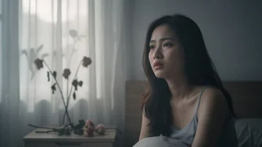 Người phụ nữ gốc Á đang thức giấc trong không gian mờ ảo với tâm trạng suy tư về giấc mơ thấy phá thai