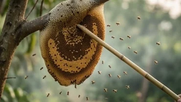 Cảnh tượng trong mơ thấy phá tổ ong lớn trên cành cây bằng gậy tre khiến bầy ong bay tán loạn xung quanh