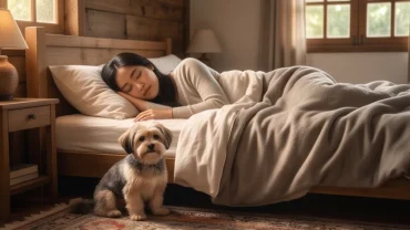 Người ngủ say và chú chó đại diện cho giấc mơ thấy phân chó ẩn chứa thông điệp tài lộc