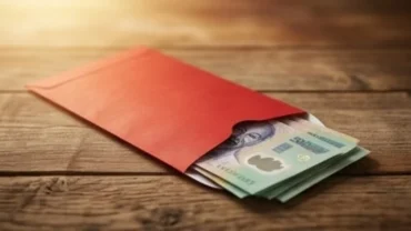 Chiếc phong bì đỏ chứa nhiều tiền đặt trên mặt bàn gỗ mang ý nghĩa giấc mơ thấy phong bì tiền