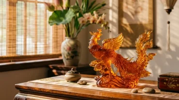Tượng phượng hoàng ngọc trên bàn gỗ kiểu Việt Nam minh họa cho điềm báo khi mơ thấy phượng hoàng