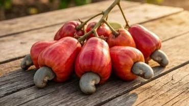 Chùm quả điều chín đỏ mọng và hạt điều cứng cáp đại diện cho thông điệp mơ thấy quả điều