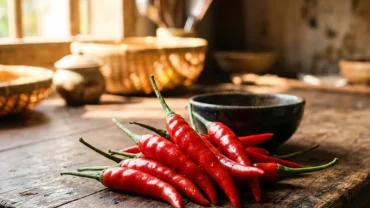 Chùm ớt đỏ tươi rực rỡ và căng mọng tượng trưng cho sự may mắn và năng lượng tích cực khi mơ thấy quả ớt