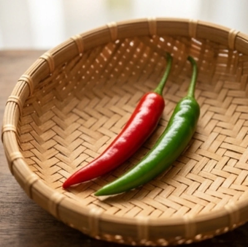 Sự đối lập giữa quả ớt chín đỏ rực rỡ và quả ớt xanh tươi trên nền rổ tre truyền thống
