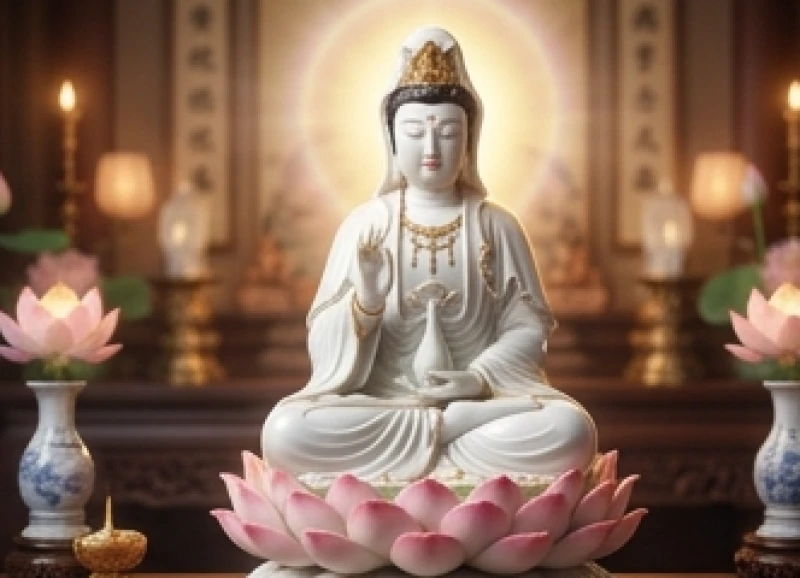 Tượng Quan Âm Bồ Tát an tọa trên đài sen hồng ngọc thanh khiết tỏa ánh sáng rực rỡ