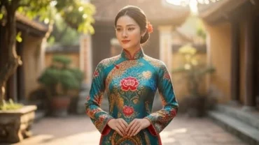 Người phụ nữ tươi tắn diện bộ áo dài lụa truyền thống rực rỡ tượng trưng cho giấc mơ thấy quần áo đẹp
