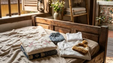 Bộ sưu tập trang phục sơ sinh xếp gọn gàng trên giường gỗ thể hiện ý nghĩa tốt lành khi mơ thấy quần áo trẻ em