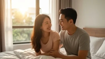 Cặp vợ chồng trẻ hạnh phúc rạng rỡ đón bình minh, phản ánh điềm lành khi mơ thấy quan hệ với vợ