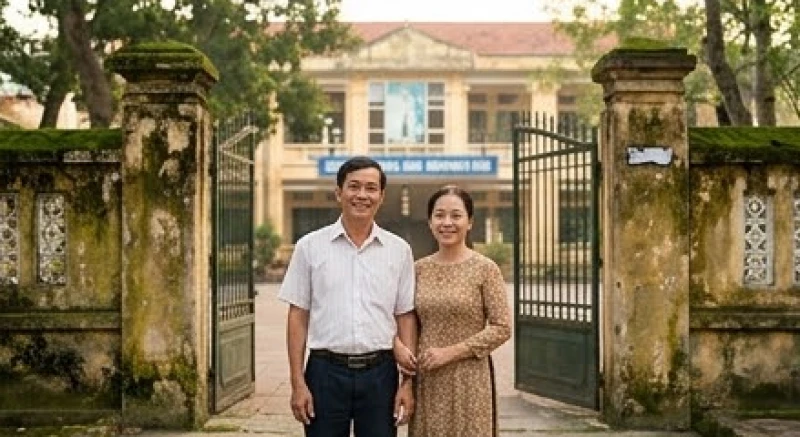 Hai người bạn cũ đứng trước cổng trường cũ rêu phong, nhìn nhau với nụ cười hoài niệm