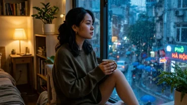 Hình ảnh cô gái Việt Nam trầm tư suy nghĩ về giấc mơ thấy quay lại với người yêu cũ trong phòng ngủ ấm áp