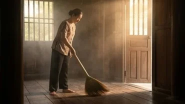 Người phụ nữ cầm chổi đót truyền thống quét nhà trong không gian mờ ảo gợi nhớ về giấc mơ thấy quét nhà
