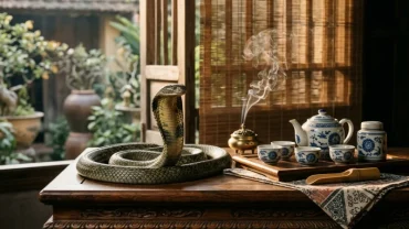 Biểu tượng nghệ thuật minh họa các điềm báo tâm linh và phong thủy cho giấc mơ thấy rắn hổ mang