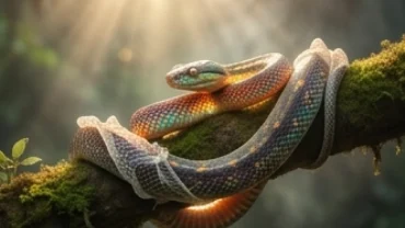 Biểu tượng mơ thấy rắn lột xác với lớp da cũ bong tróc để lộ ra lớp vảy mới sáng bóng