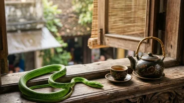 Hình ảnh con rắn màu xanh lục trườn qua cành mai vàng minh họa cho thông điệp phong thủy khi mơ thấy rắn lục xanh