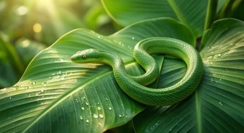 Mơ thấy rắn ráo là điềm gì? Giải mã điềm lành dữ và con số may mắn 6 Con rắn ráo màu xanh lá cây rực rỡ trườn trên những chiếc lá tươi tốt đại diện cho sự sinh sôi và phục hồi