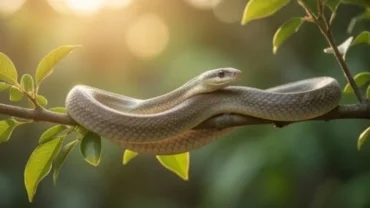 Con rắn ráo hiền lành vươn mình trên cành cây đón ánh nắng tượng trưng cho điềm lành khi mơ thấy rắn ráo