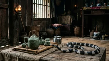 Bức ảnh nghệ thuật tái hiện điềm báo mơ thấy rắn sọc đen trắng trong không gian nhà cổ truyền thống Việt Nam