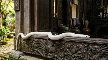 Hình ảnh con rắn trắng hiền hòa bò qua bậu cửa gỗ truyền thống Việt Nam, minh họa cho điềm báo khi mơ thấy rắn trắng