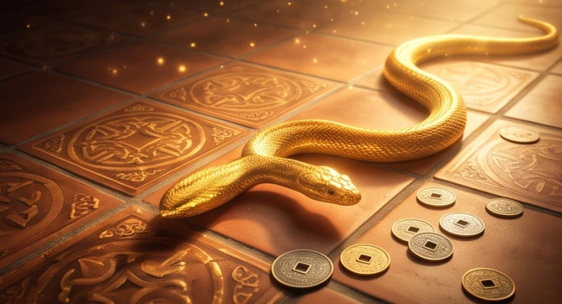 Mơ thấy rắn vào nhà: Giải mã điềm báo, bộ số và cách hóa giải 3 Con rắn màu vàng óng ánh đang trườn qua những đồng xu cổ trên nền gạch đất nung truyền thống rực rỡ