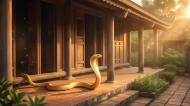 Rắn vàng điềm tĩnh trườn qua hiên nhà gỗ truyền thống, biểu tượng cát tường trong giấc mơ thấy rắn vào nhà