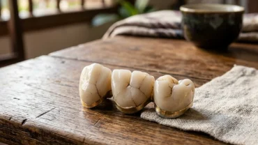 Cận cảnh chiếc răng tháo lắp bị nứt vỡ trên bàn gỗ minh họa cho cảm giác bất an khi mơ thấy răng giả