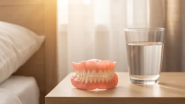 Chiếc hàm răng giả tháo lắp đặt trên bàn ngủ cạnh ly nước phản ánh ý nghĩa mơ thấy răng giả