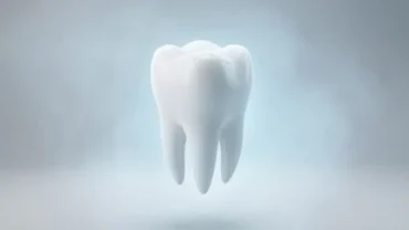 Mô hình chiếc răng trắng tinh khiết lơ lửng trong ánh sáng xanh mờ ảo biểu tượng cho hiện tượng mơ thấy răng sắp rụng