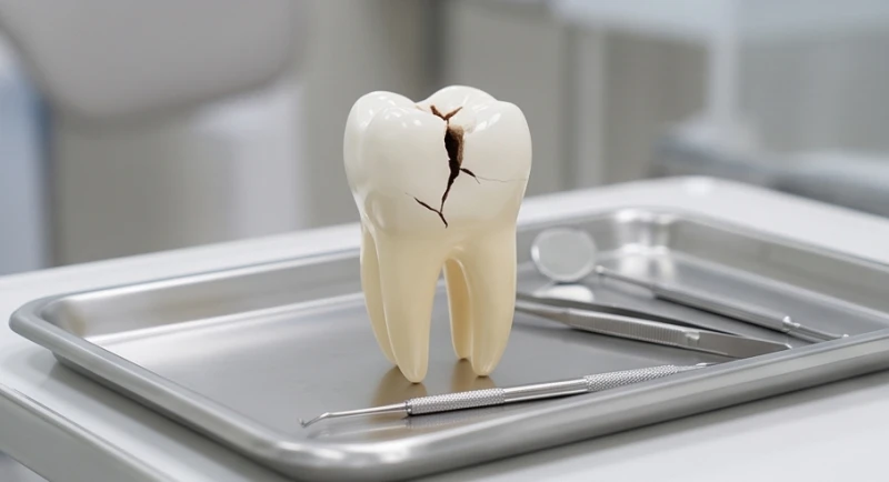 Mơ thấy vỡ răng: Giải mã điềm báo từng vị trí và ngũ hành 3 Mô hình chiếc răng sâu bị nứt vỡ được đặt trên bàn khám nha khoa bên cạnh các dụng cụ y tế