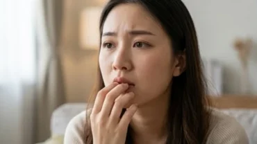 Người phụ nữ trẻ chạm tay lên miệng với vẻ mặt băn khoăn sau khi mơ thấy răng thưa