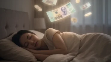 Người đang chìm trong giấc ngủ với hình ảnh những tờ tiền giấy và tiền xu lơ lửng xung quanh