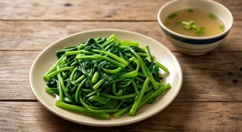 Mơ thấy rau muống: Điềm báo cát hung và con số may mắn 5 Đĩa rau muống luộc xanh ngắt đặt cạnh bát nước luộc trong vắt trên mâm cơm gia đình