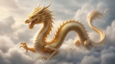 Tượng rồng vàng châu Á uy nghi cuộn mình trong mây, đại diện cho điềm báo may mắn khi mơ thấy rồng