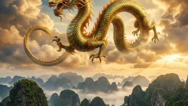 Hình ảnh rồng vàng uốn lượn uy nghiêm giữa tầng mây khi mơ thấy rồng bay trên trời mang điềm báo cát tường về công danh