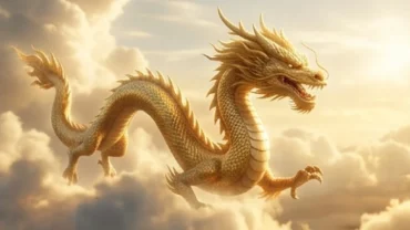 Rồng vàng khổng lồ vươn mình giữa những tầng mây rực rỡ thể hiện trọn vẹn điềm báo khi mơ thấy rồng bay trên trời