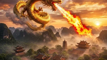 Bức tranh rồng vàng uy nghi ẩn hiện trong mây và phun ngọn lửa đỏ rực rỡ giải mã điềm mơ thấy rồng phun lửa