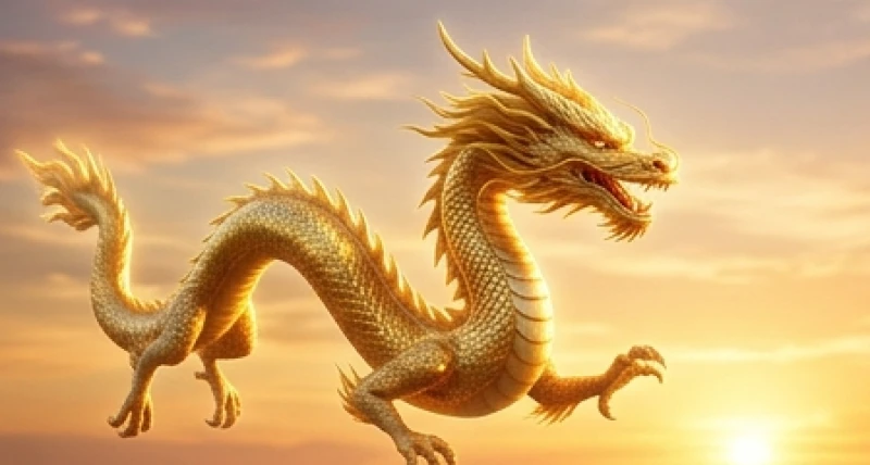 Linh vật rồng vàng với lớp vảy óng ả tỏa sáng rực rỡ trên bầu trời hoàng hôn báo hiệu sự thịnh vượng và tài phú
