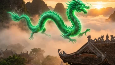 Hình ảnh rồng ngọc bích dũng mãnh uốn lượn trên mây đại diện cho điềm báo cát lành khi bạn nằm mơ thấy rồng xanh
