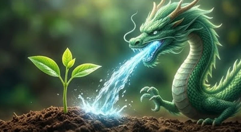Rồng xanh phun dòng nước trong lành tưới mát cho một mầm non đang vươn mình đâm chồi nảy lộc