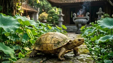 Bức tượng rùa vàng phong thủy uy nghiêm bên hồ nước trong vắt giúp người đọc tự giải mã giấc mơ thấy rùa chính xác