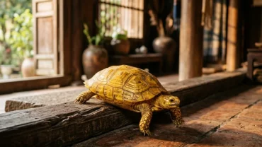 Chú rùa vàng lớn bò qua bậc cửa gỗ của ngôi nhà Việt truyền thống mang điềm báo cát tường khi mơ thấy rùa bò vào nhà