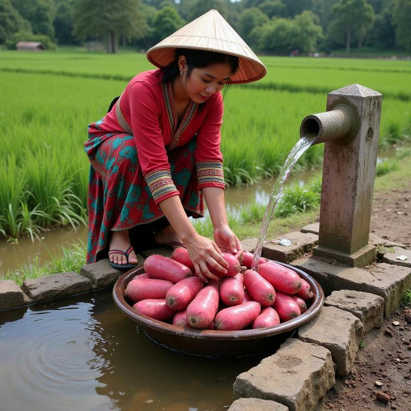 Mơ thấy rửa khoai lang đỏ au dưới giếng làng