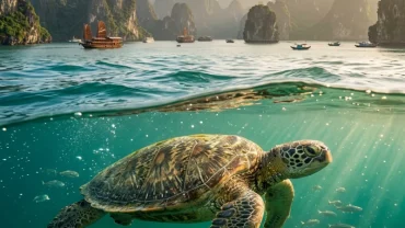 Bức tranh vẽ giấc mơ thấy rùa khổng lồ cổ kính đang bò chậm rãi trên bãi cát vàng hoang sơ ven bờ biển Việt Nam lộng gió