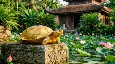 Hình ảnh mô phỏng giấc mơ thấy rùa vàng đang bơi trong hồ sen mang lại cảm giác bình an và tài lộc