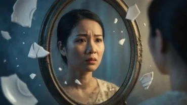 Gương mặt người phụ nữ mệt mỏi phản chiếu trong gương khi mơ thấy rụng hết răng do căng thẳng