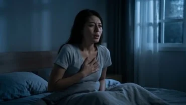 Người phụ nữ giật mình thức giấc trong đêm với vẻ mặt lo âu sau khi mơ thấy rụng răng chảy máu