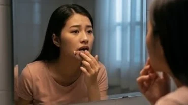 Một người phụ nữ lo âu soi gương kiểm tra răng sau khi mơ thấy rụng răng hàm dưới