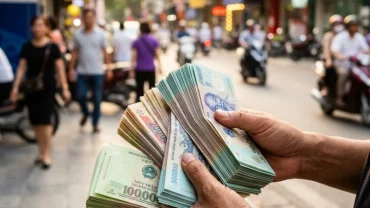 Một người đang cầm cọc tiền sau khi giao dịch tại máy ATM minh họa cho ý nghĩa của giấc mơ thấy rút tiền