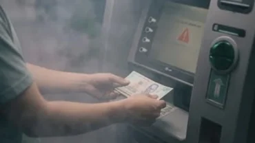 Bóng người thao tác tại cây ATM trong không gian mờ ảo ban đêm thể hiện điềm báo khi mơ thấy rút tiền