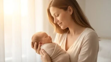 Người phụ nữ mỉm cười rạng rỡ ôm em bé sơ sinh vào lòng đại diện cho giấc mơ thấy sinh con mang điềm lành